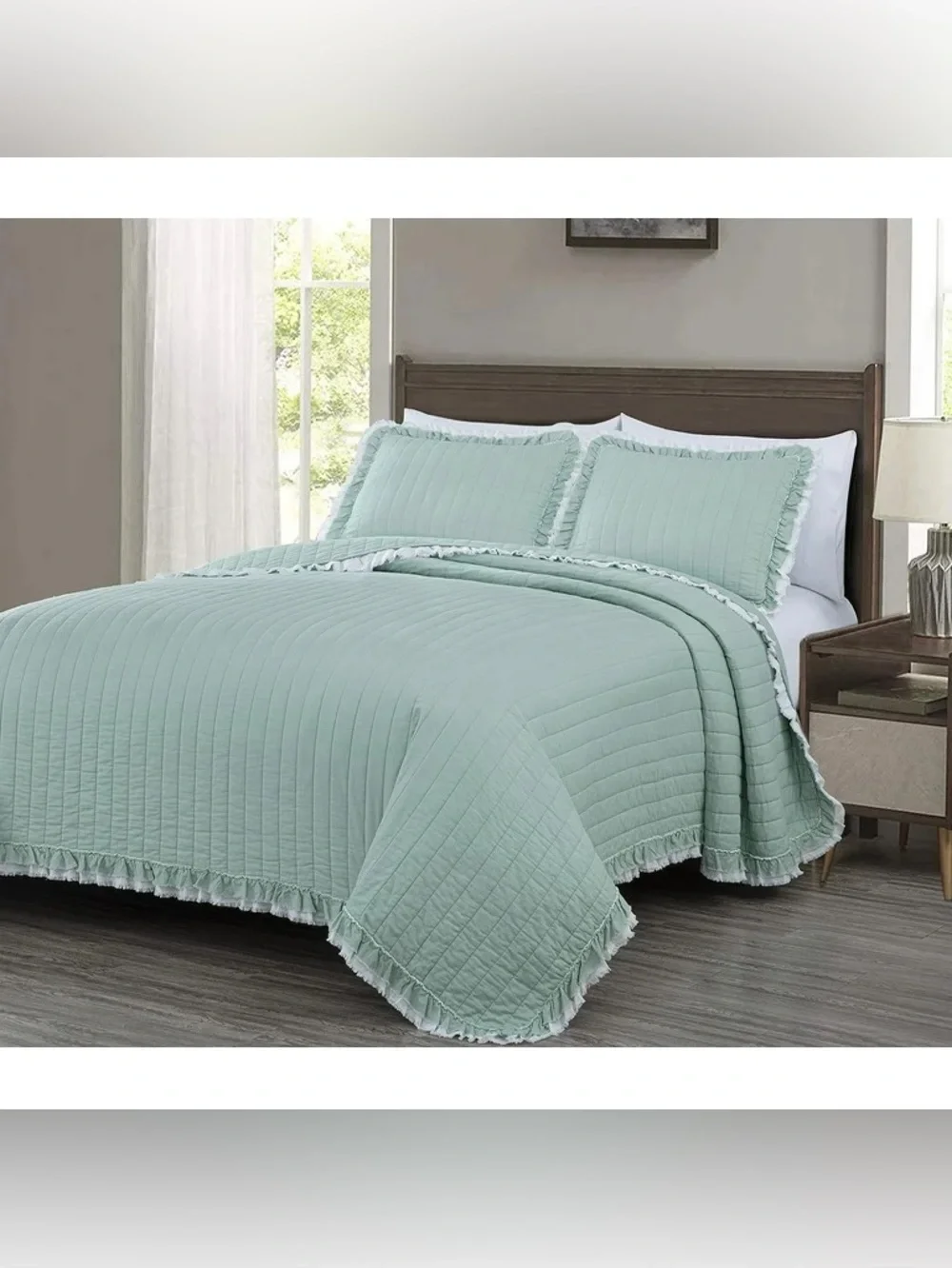 Sage Green Queen 3 piece Ruffled Quilt Set 100% cotton